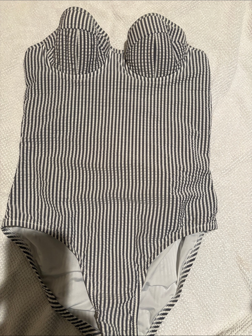 J Crew Striped One-Piece Swimsuit in Navy and White seersucker